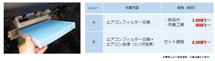 エアコンフィルター交換
エアコンフィルター交換＋エアコン洗浄（エバポ洗浄）
