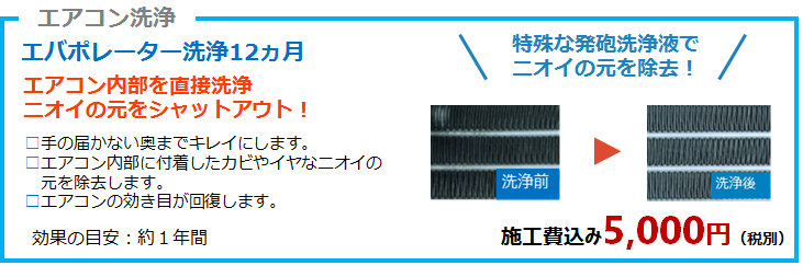 エバポレーター洗浄12ヵ月
エアコン内部を直接洗浄
ニオイの元をシャットアウト！
□手の届かない奥までキレイにします。
□エアコン内部に付着したカビやイヤなニオイの元を除去します。
□エアコンの効き目が回復します。
